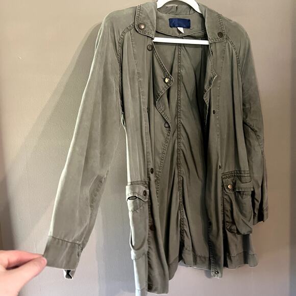 Francesca’s Blue Rain Olive Green Twill Utility Jacket Snap Buttons, Small S / M - Picture 7 of 14